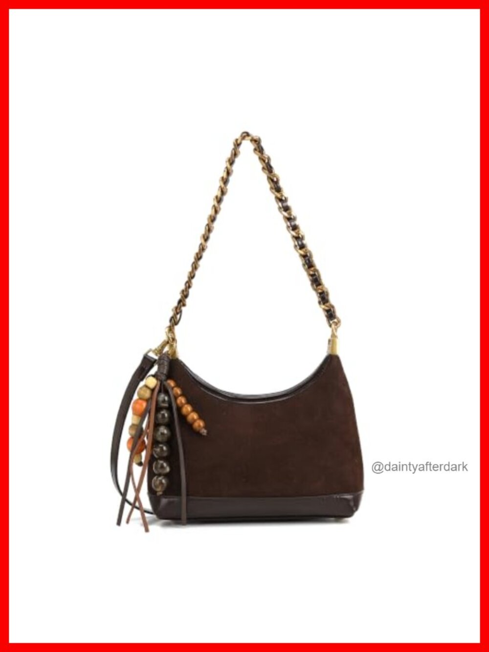 Faux Suede Crescent Hobo Bag Gold Tone Chain Strap Beaded Tassel